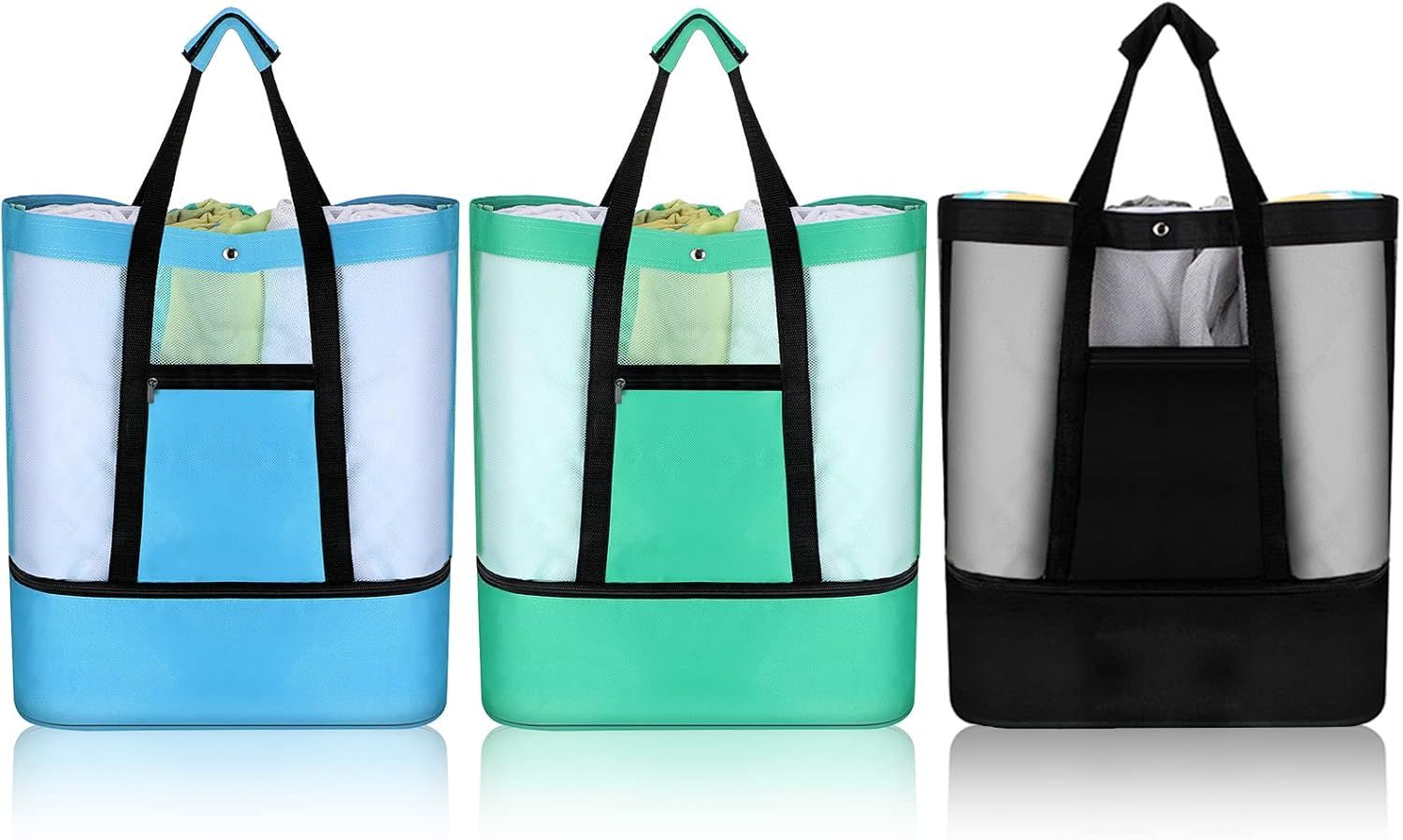 3 Pcs Beach Bag with Cooler Mesh Beach Tote with Insulated Cooler and Pocket Waterproof Sandproof Beach Tote Bag Swim Pool Bag for Women Summer (Black, Blue and Green) - Image 1