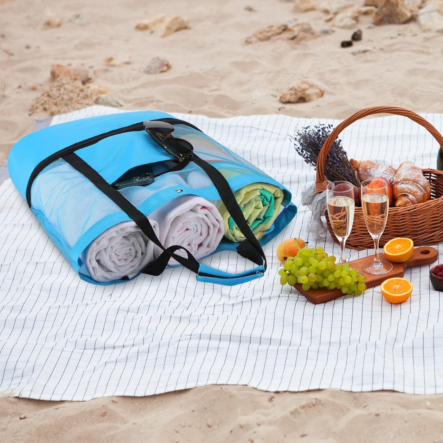 3 Pcs Beach Bag with Cooler Mesh Beach Tote with Insulated Cooler and Pocket Waterproof Sandproof Beach Tote Bag Swim Pool Bag for Women Summer (Black, Blue and Green) - Image 2
