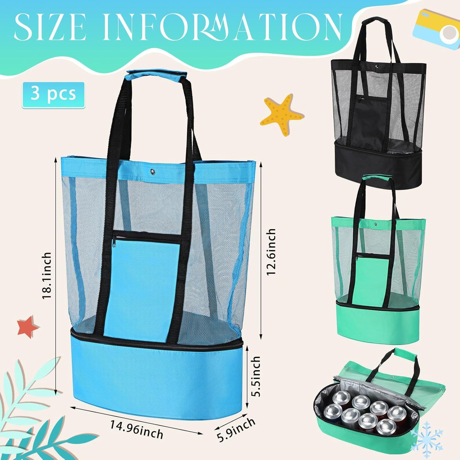 3 Pcs Beach Bag with Cooler Mesh Beach Tote with Insulated Cooler and Pocket Waterproof Sandproof Beach Tote Bag Swim Pool Bag for Women Summer (Black, Blue and Green) - Image 4
