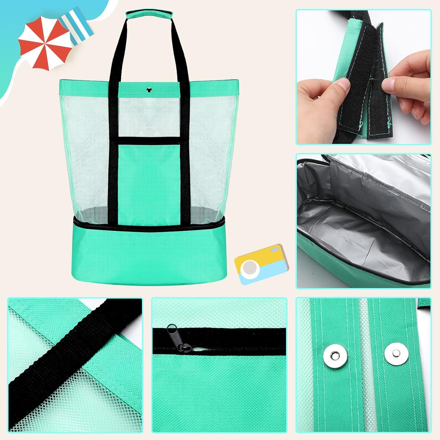 3 Pcs Beach Bag with Cooler Mesh Beach Tote with Insulated Cooler and Pocket Waterproof Sandproof Beach Tote Bag Swim Pool Bag for Women Summer (Black, Blue and Green) - Image 5