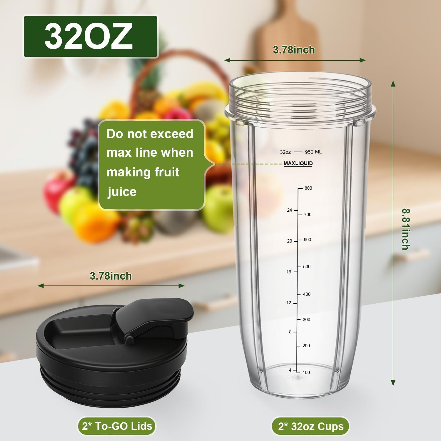 Blender Cups Replacement Parts for Ninja, 32oz Cups with Sip & Seal Lids,Compatible with Ninja Auto IQ Blender BL450 BL480 BL642 BL680 BN801 SS101 SS151 - Image 3