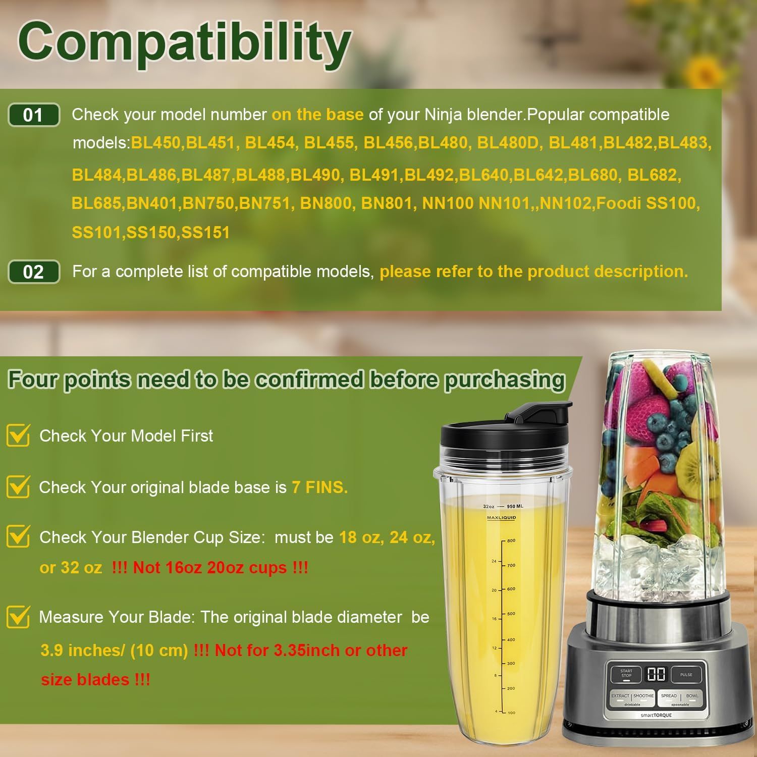 Blender Cups Replacement Parts for Ninja, 32oz Cups with Sip & Seal Lids,Compatible with Ninja Auto IQ Blender BL450 BL480 BL642 BL680 BN801 SS101 SS151 - Image 4