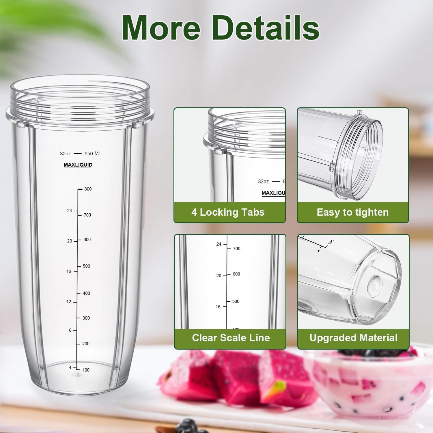 Blender Cups Replacement Parts for Ninja, 32oz Cups with Sip & Seal Lids,Compatible with Ninja Auto IQ Blender BL450 BL480 BL642 BL680 BN801 SS101 SS151 - Image 5