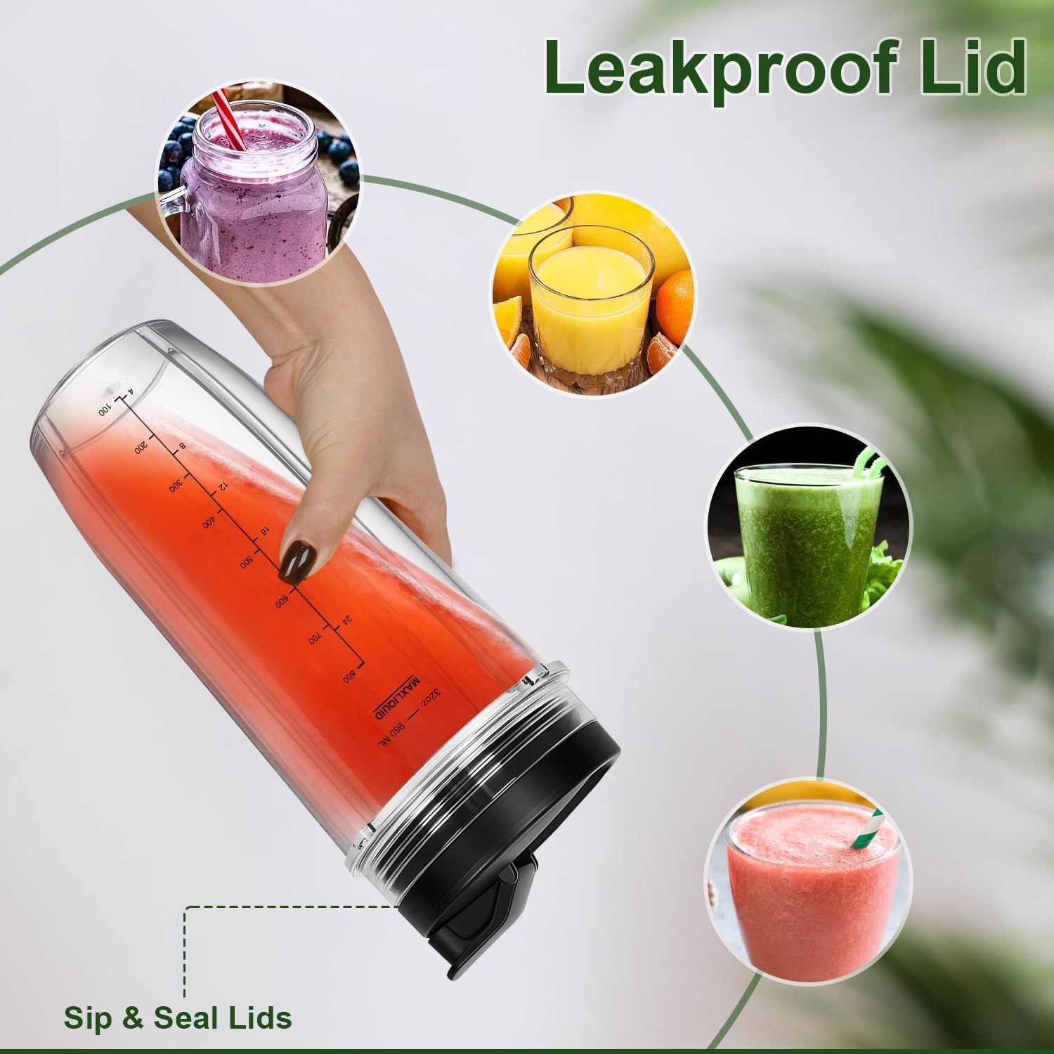 Blender Cups Replacement Parts for Ninja, 32oz Cups with Sip & Seal Lids,Compatible with Ninja Auto IQ Blender BL450 BL480 BL642 BL680 BN801 SS101 SS151 - Image 6