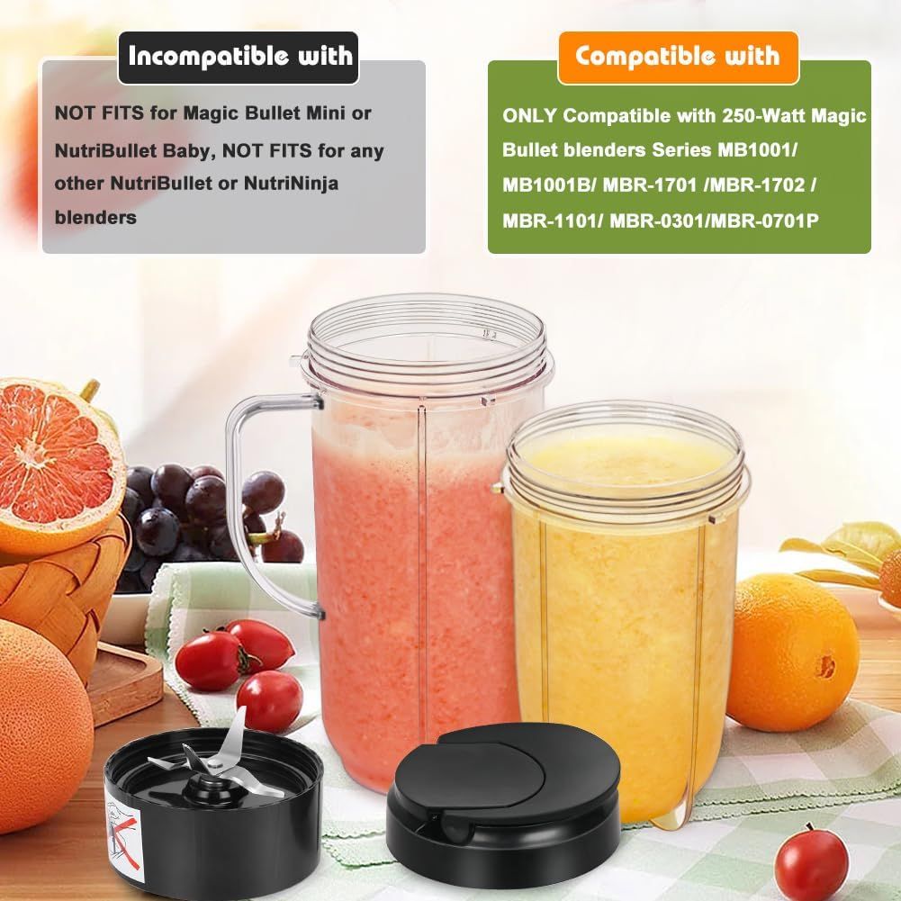 2 Pack Replacement Blender Cups set for magic bullet ，22oz Tall Cup with Flip Top To-Go Lid，16oz Replacement Cup with Cross Blade Replacement Parts Compatible with 250W Magic Bullet MB1001 - Image 5