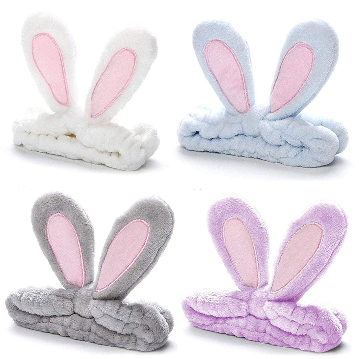 4 Pack Easter Bunny Makeup Headband Rabbit Ear Spa Hair Band Coral Fleece Elastic Head Wrap Stretchy Headband for Party Face Washing Beauty Shower Women Girls (Blue, White, Gray, Purple) - Image 1