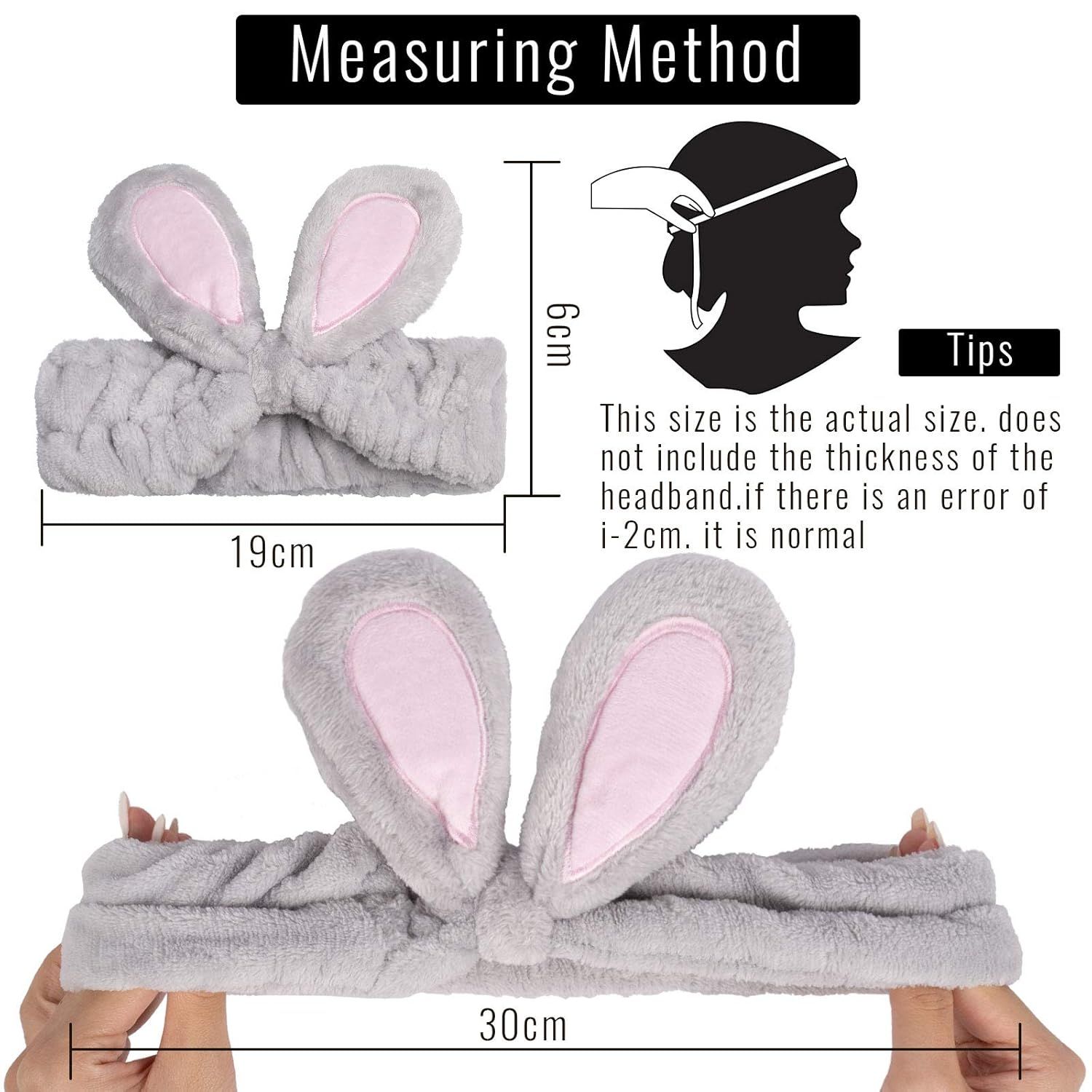4 Pack Easter Bunny Makeup Headband Rabbit Ear Spa Hair Band Coral Fleece Elastic Head Wrap Stretchy Headband for Party Face Washing Beauty Shower Women Girls (Blue, White, Gray, Purple) - Image 2
