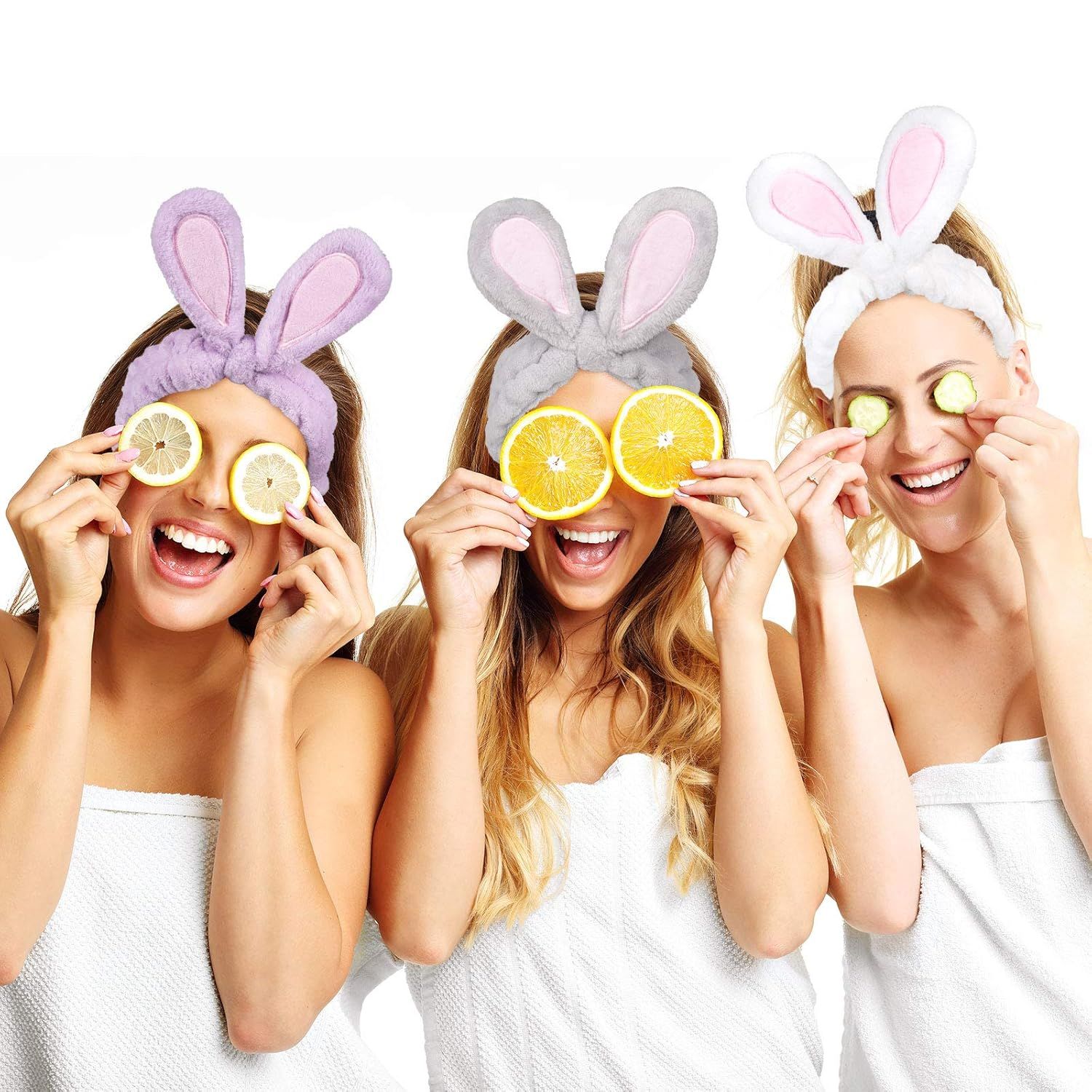4 Pack Easter Bunny Makeup Headband Rabbit Ear Spa Hair Band Coral Fleece Elastic Head Wrap Stretchy Headband for Party Face Washing Beauty Shower Women Girls (Blue, White, Gray, Purple) - Image 3