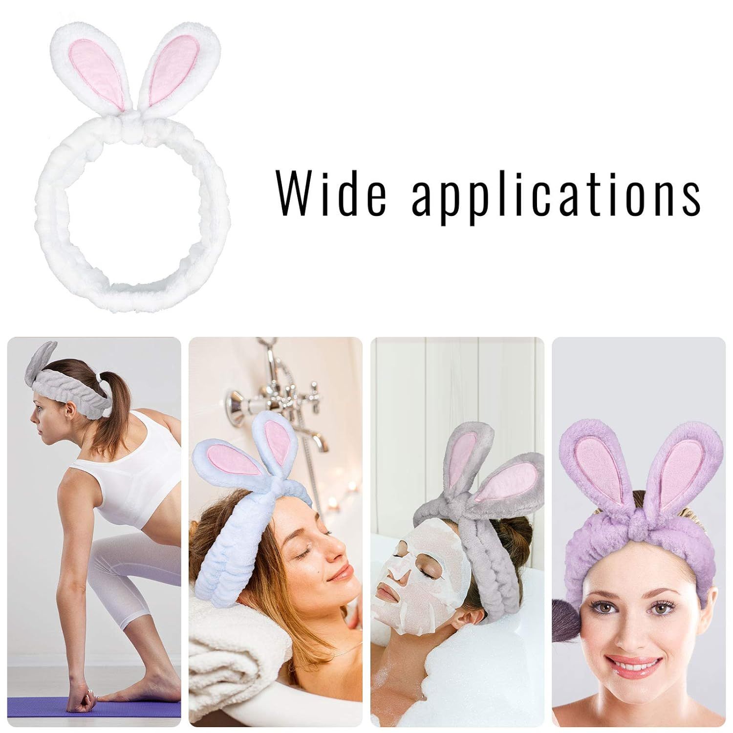 4 Pack Easter Bunny Makeup Headband Rabbit Ear Spa Hair Band Coral Fleece Elastic Head Wrap Stretchy Headband for Party Face Washing Beauty Shower Women Girls (Blue, White, Gray, Purple) - Image 4