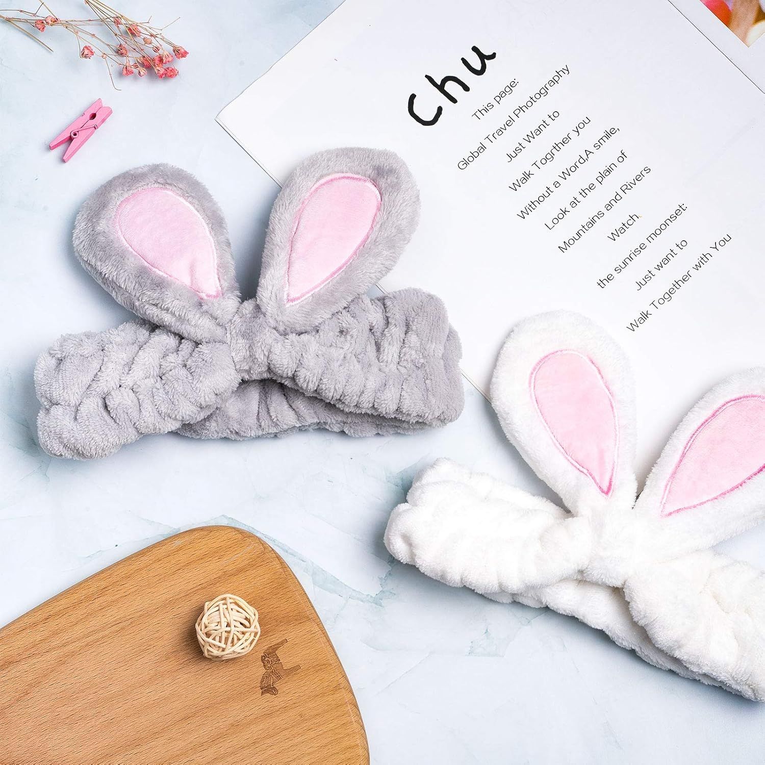 4 Pack Easter Bunny Makeup Headband Rabbit Ear Spa Hair Band Coral Fleece Elastic Head Wrap Stretchy Headband for Party Face Washing Beauty Shower Women Girls (Blue, White, Gray, Purple) - Image 6