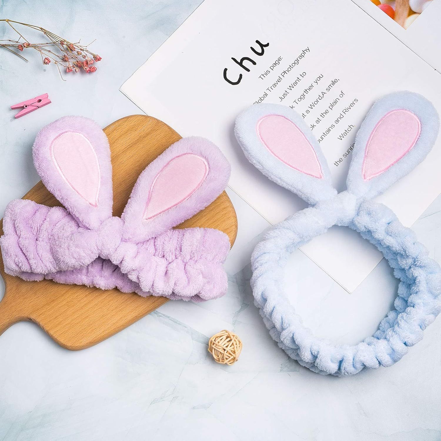4 Pack Easter Bunny Makeup Headband Rabbit Ear Spa Hair Band Coral Fleece Elastic Head Wrap Stretchy Headband for Party Face Washing Beauty Shower Women Girls (Blue, White, Gray, Purple) - Image 7