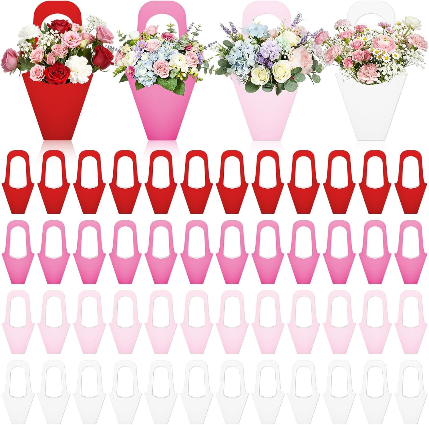 48 Pcs Mother's Day Flower Bouquet Holder Bulk with Handle Pink Red Florist Floral Bouquet Boxes for Arrangements Flower Gift Bags Packaging for Bridal Wedding Birthday Party Decor - Image 1