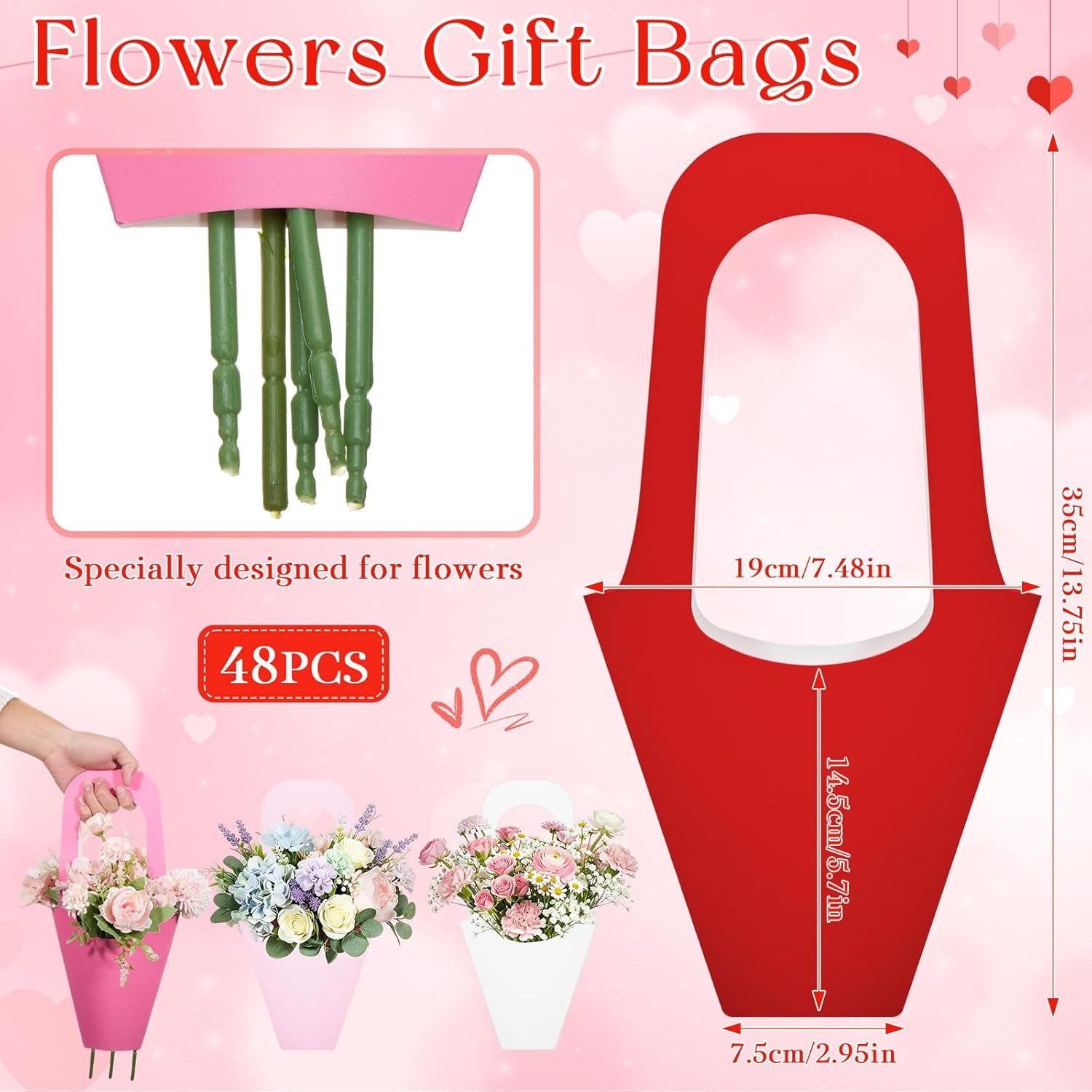 48 Pcs Mother's Day Flower Bouquet Holder Bulk with Handle Pink Red Florist Floral Bouquet Boxes for Arrangements Flower Gift Bags Packaging for Bridal Wedding Birthday Party Decor - Image 2