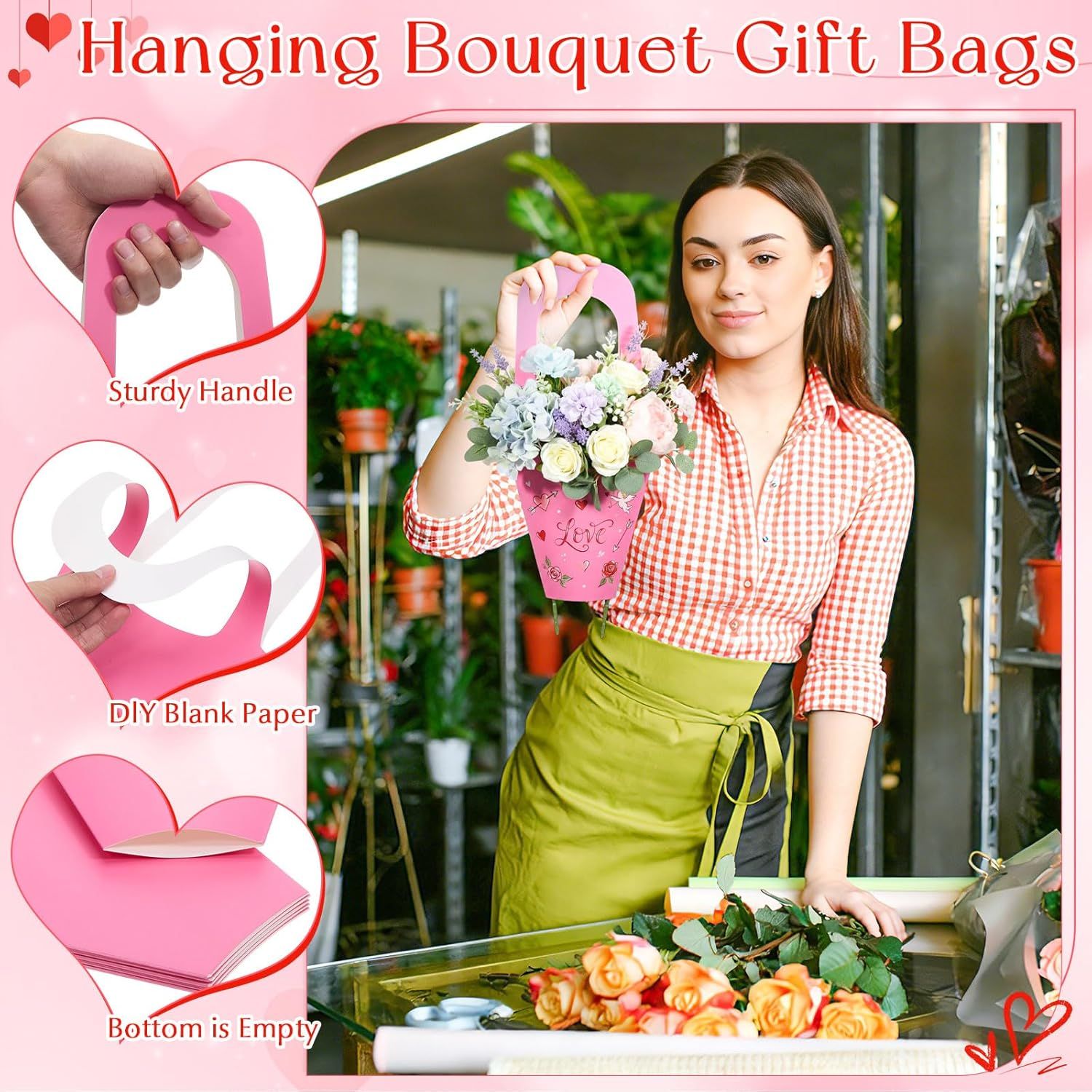 48 Pcs Mother's Day Flower Bouquet Holder Bulk with Handle Pink Red Florist Floral Bouquet Boxes for Arrangements Flower Gift Bags Packaging for Bridal Wedding Birthday Party Decor - Image 3