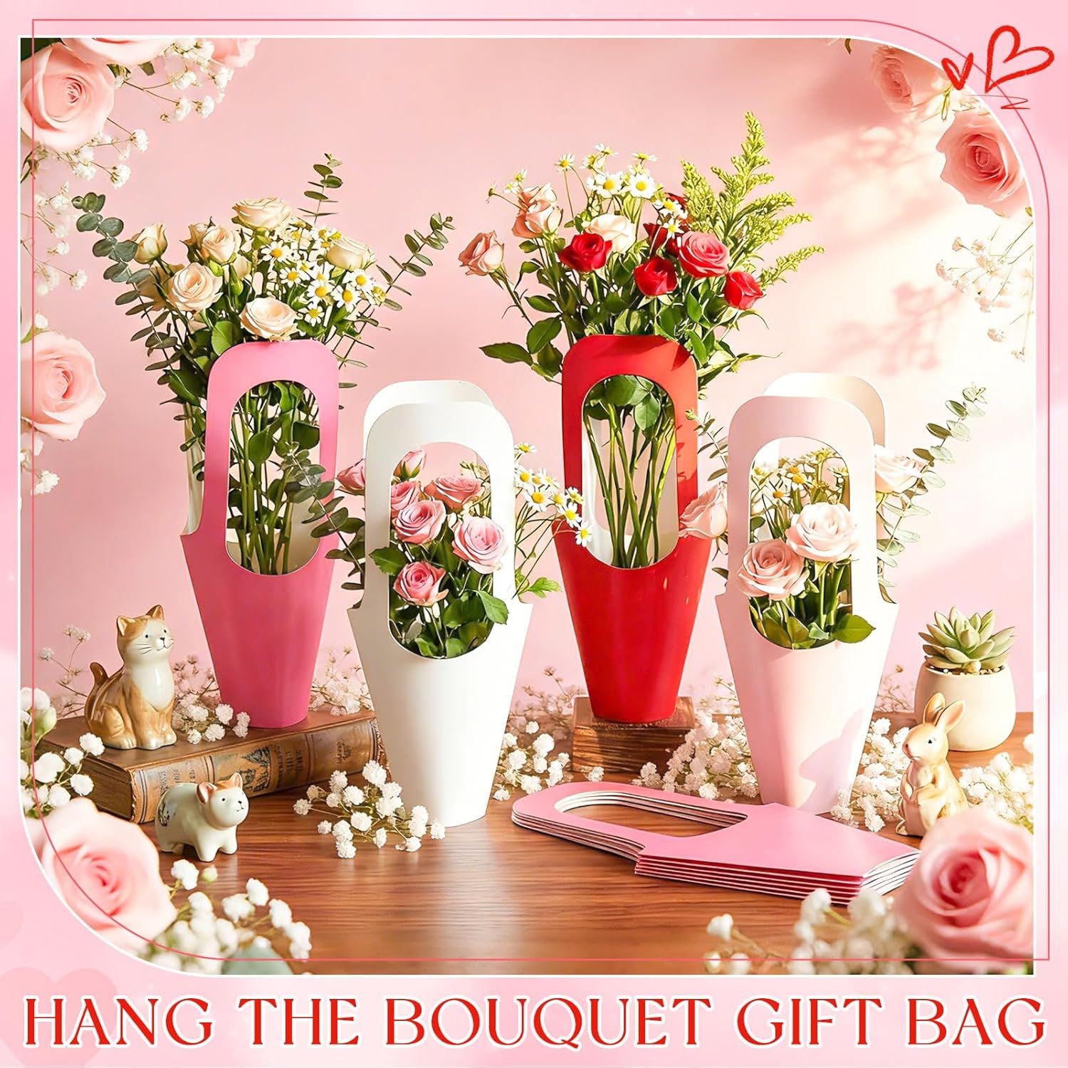 48 Pcs Mother's Day Flower Bouquet Holder Bulk with Handle Pink Red Florist Floral Bouquet Boxes for Arrangements Flower Gift Bags Packaging for Bridal Wedding Birthday Party Decor - Image 4
