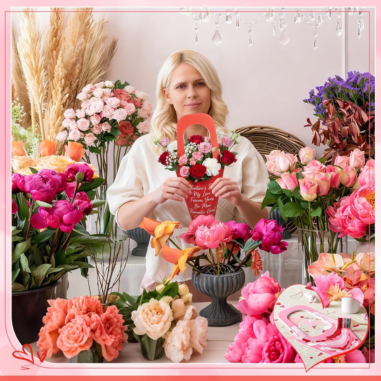 48 Pcs Mother's Day Flower Bouquet Holder Bulk with Handle Pink Red Florist Floral Bouquet Boxes for Arrangements Flower Gift Bags Packaging for Bridal Wedding Birthday Party Decor - Image 5