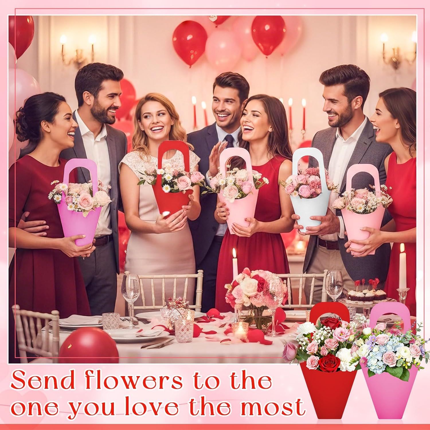 48 Pcs Mother's Day Flower Bouquet Holder Bulk with Handle Pink Red Florist Floral Bouquet Boxes for Arrangements Flower Gift Bags Packaging for Bridal Wedding Birthday Party Decor - Image 6