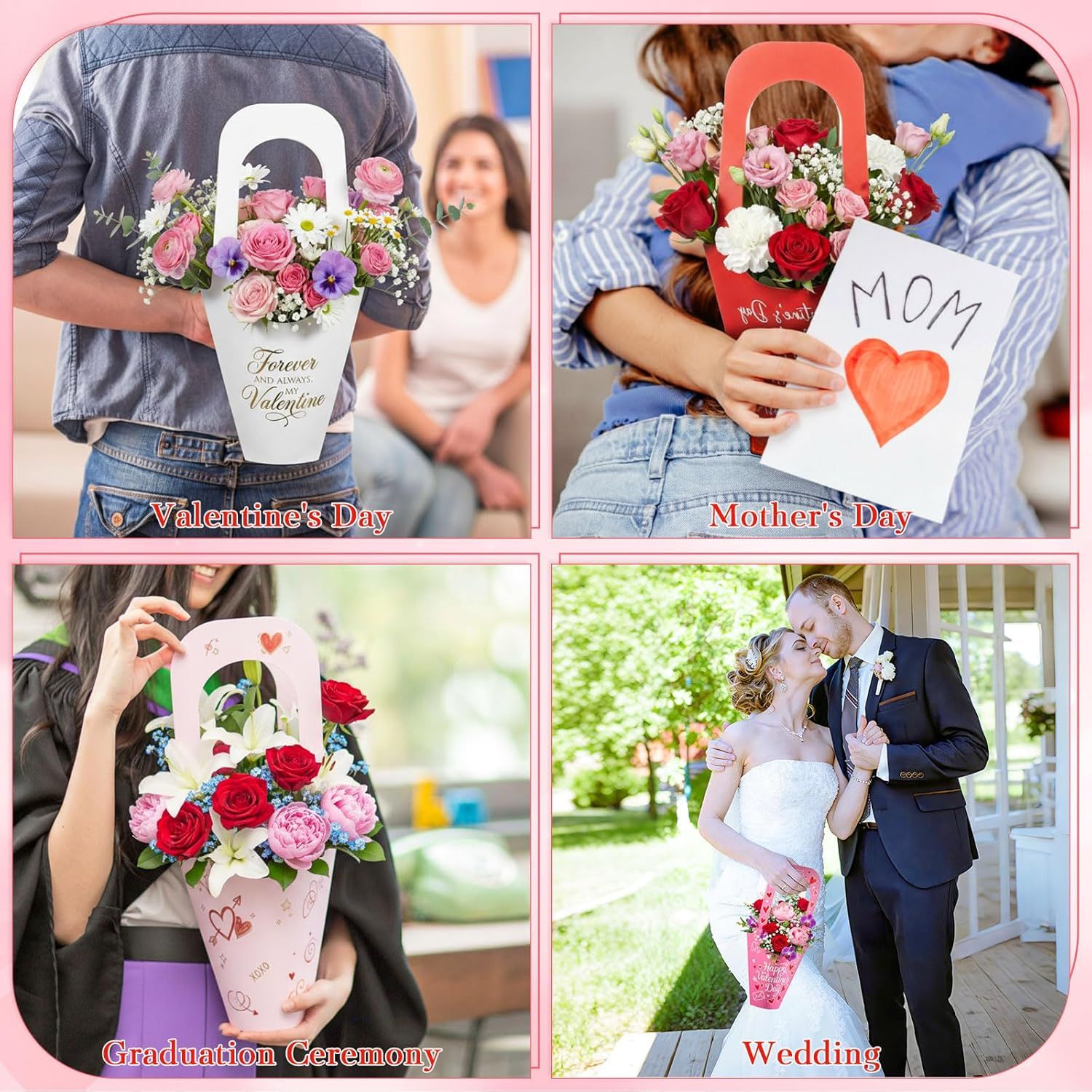 48 Pcs Mother's Day Flower Bouquet Holder Bulk with Handle Pink Red Florist Floral Bouquet Boxes for Arrangements Flower Gift Bags Packaging for Bridal Wedding Birthday Party Decor - Image 7