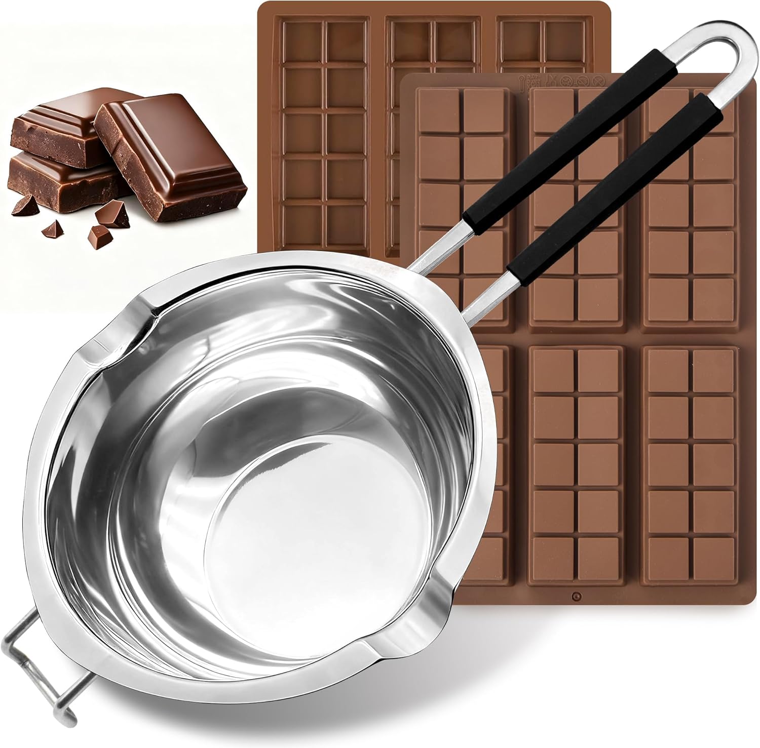 1200ML/1.1QT Double Boiler Pot With 2 Pack of Silicone Chocolate Bar Molds, Stainless Steel Chocolate Melting Pot with Non-Stick Chocolate Molds for Dubai Pistachio, Candy, Snacks - Image 1