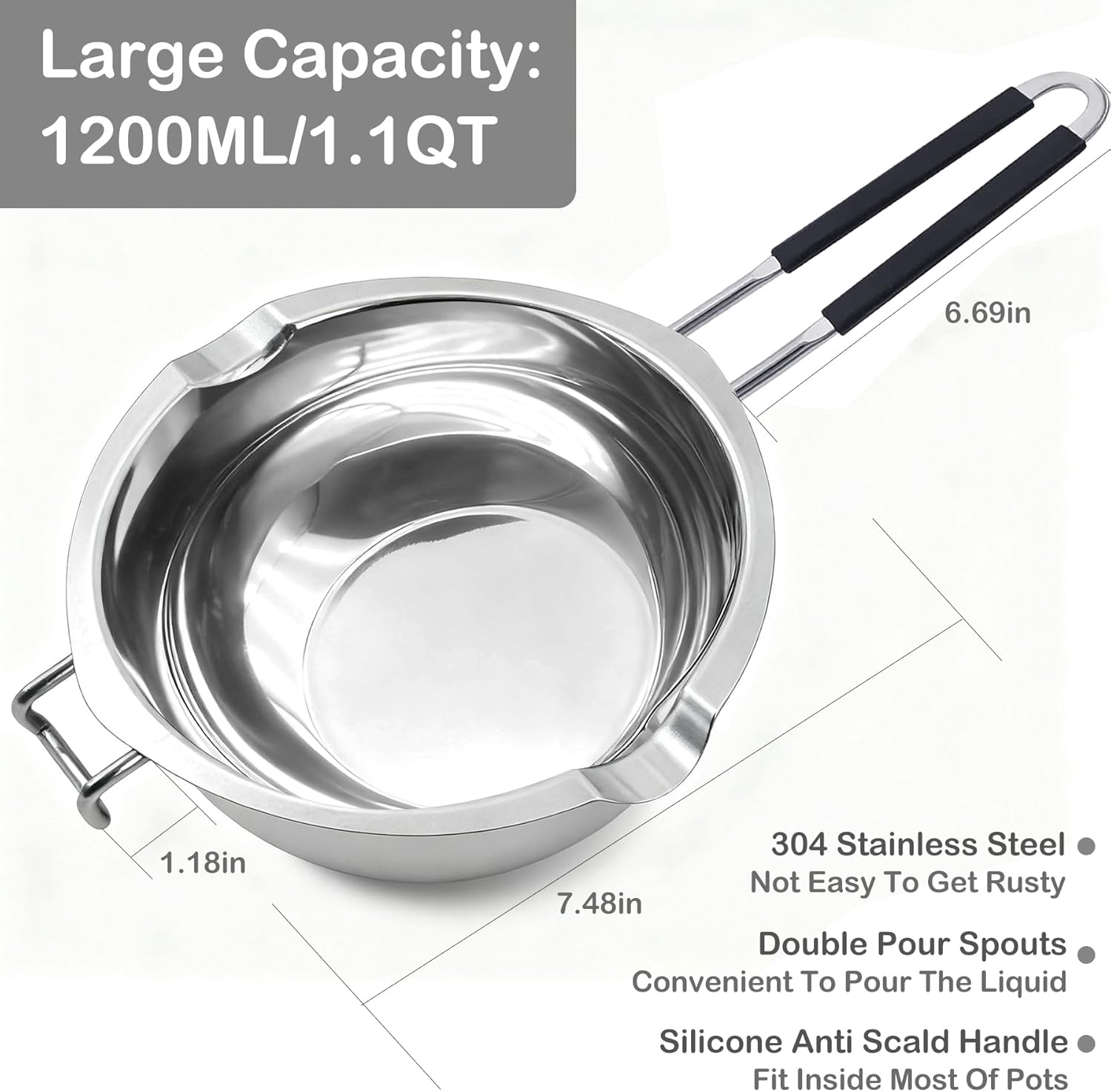 1200ML/1.1QT Double Boiler Pot With 2 Pack of Silicone Chocolate Bar Molds, Stainless Steel Chocolate Melting Pot with Non-Stick Chocolate Molds for Dubai Pistachio, Candy, Snacks - Image 2