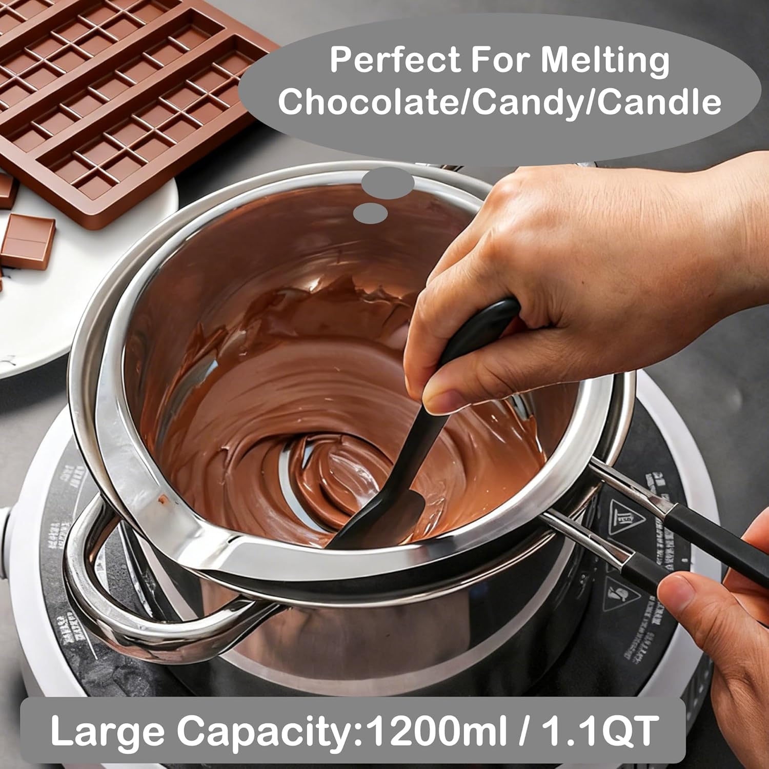 1200ML/1.1QT Double Boiler Pot With 2 Pack of Silicone Chocolate Bar Molds, Stainless Steel Chocolate Melting Pot with Non-Stick Chocolate Molds for Dubai Pistachio, Candy, Snacks - Image 3