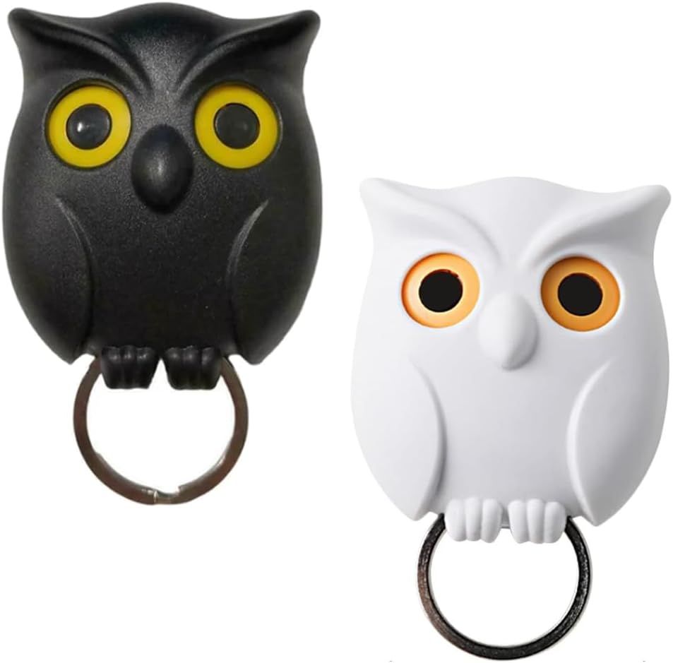 Owl Key Holder, Night Owl Magnetic Wall Key Holder Owl Key Hooks, Automatic Open Close Eyes Owl Key Holder with Wall Self-Adhesive Tape (Black+White) - Image 1