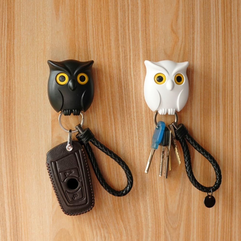 Owl Key Holder, Night Owl Magnetic Wall Key Holder Owl Key Hooks, Automatic Open Close Eyes Owl Key Holder with Wall Self-Adhesive Tape (Black+White) - Image 4