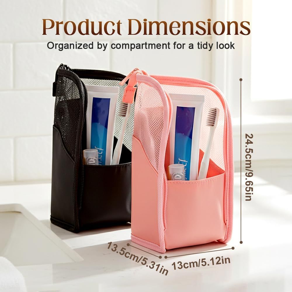 Standing Toiletry Bag, 2026 New Portable Lightweight Travel Toiletry Bag Nylon Travel Toothbrush Storage Hanging Travel Toiletry Bags for Cosmetic, Toothbrush, Toothpaste (1, Pink) - Image 2