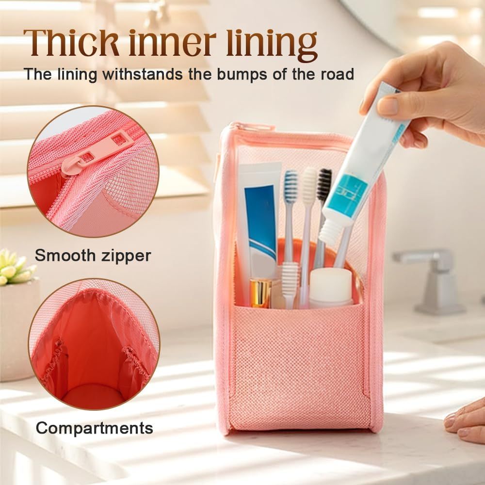 Standing Toiletry Bag, 2026 New Portable Lightweight Travel Toiletry Bag Nylon Travel Toothbrush Storage Hanging Travel Toiletry Bags for Cosmetic, Toothbrush, Toothpaste (1, Pink) - Image 3