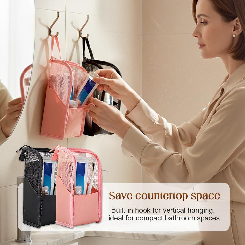 Standing Toiletry Bag, 2026 New Portable Lightweight Travel Toiletry Bag Nylon Travel Toothbrush Storage Hanging Travel Toiletry Bags for Cosmetic, Toothbrush, Toothpaste (1, Pink) - Image 6