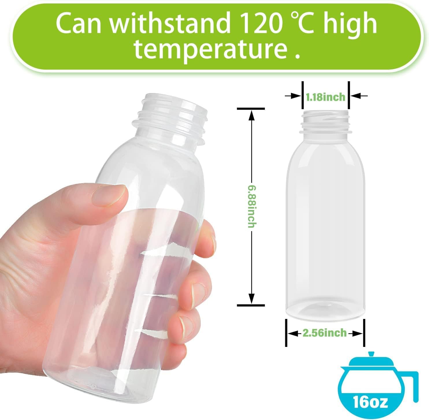 EONJOE Dishwasher Safe 16oz Plastic Bottles with Caps Reusable BPA Free PP5 Juice Milk Water Smoothie Bottle Heat-Resistant Refillable - Image 3