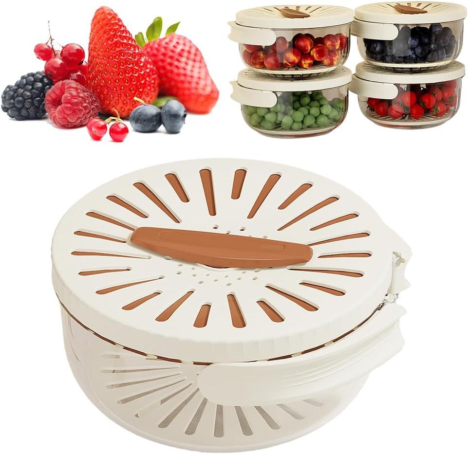 2-in-1 Draining and Preservation Basket, 2026 Upgraded Multifunctional Fruit and Vegetable Washing Bowl with Handle Fruit Strainer Container with Lid for Kitchen, Fridge, Picnic, Camping (Brown) - Image 1