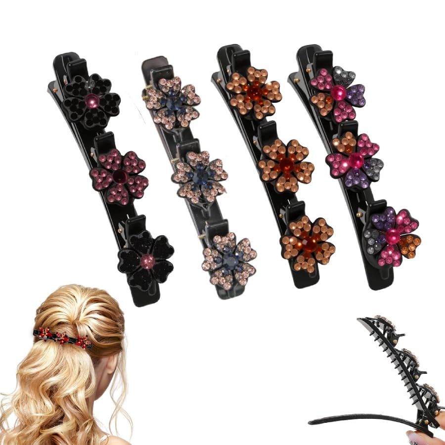 4 Pcs Sparkling Crystal Stone Braided Hair Clips for Women and Girls, 2026 New Hair Braid Clips Easily Braided Hair Bands, Shiny Rhinestone Hair Clip Duckbill Hairpin (Flower) - Image 1