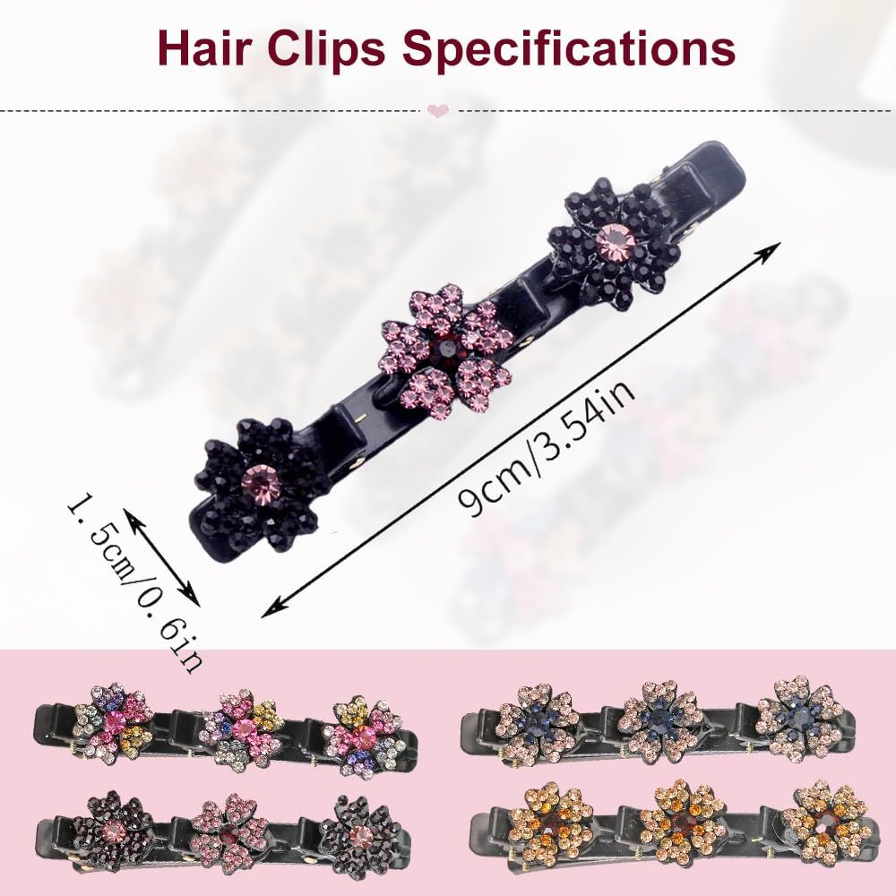 4 Pcs Sparkling Crystal Stone Braided Hair Clips for Women and Girls, 2026 New Hair Braid Clips Easily Braided Hair Bands, Shiny Rhinestone Hair Clip Duckbill Hairpin (Flower) - Image 2