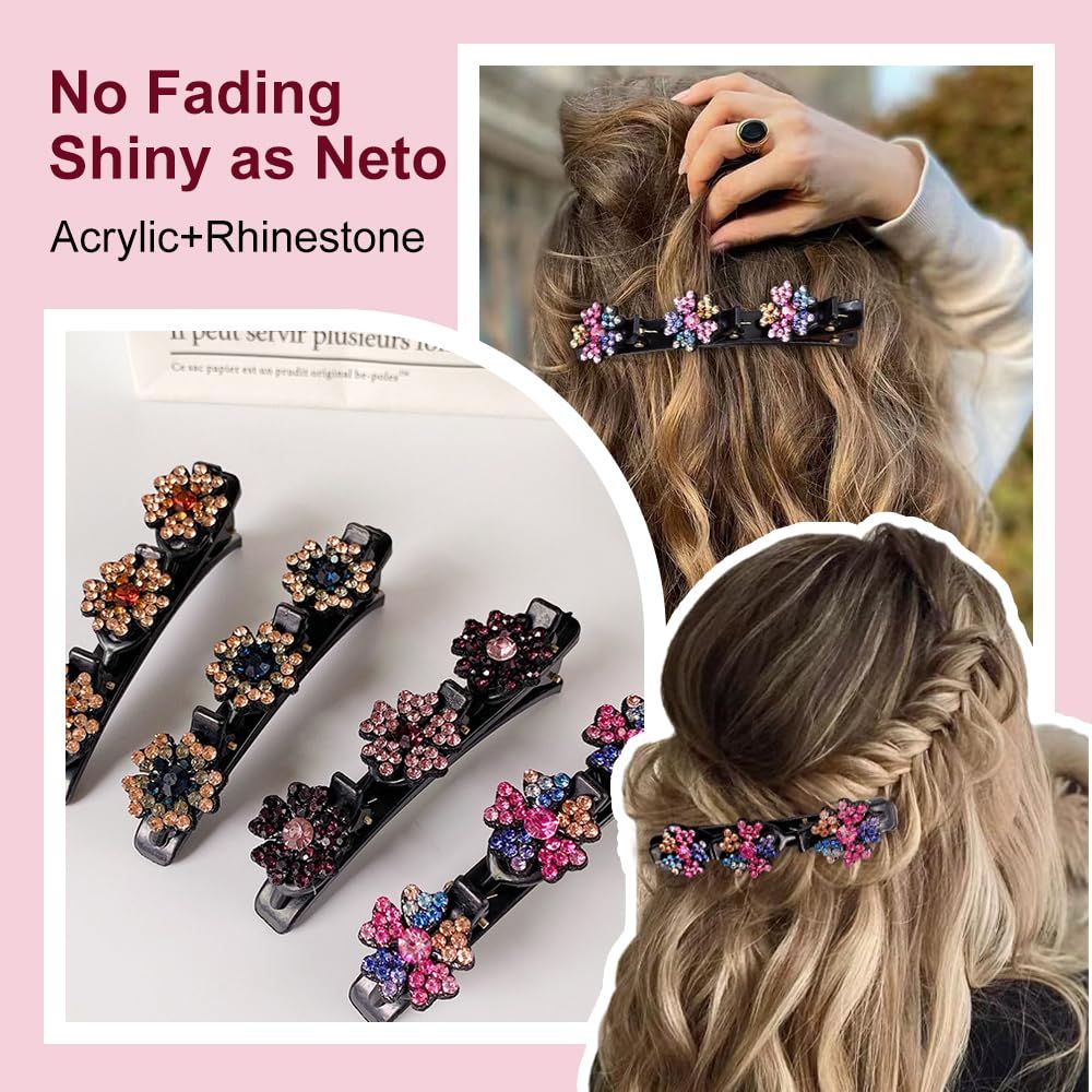 4 Pcs Sparkling Crystal Stone Braided Hair Clips for Women and Girls, 2026 New Hair Braid Clips Easily Braided Hair Bands, Shiny Rhinestone Hair Clip Duckbill Hairpin (Flower) - Image 3