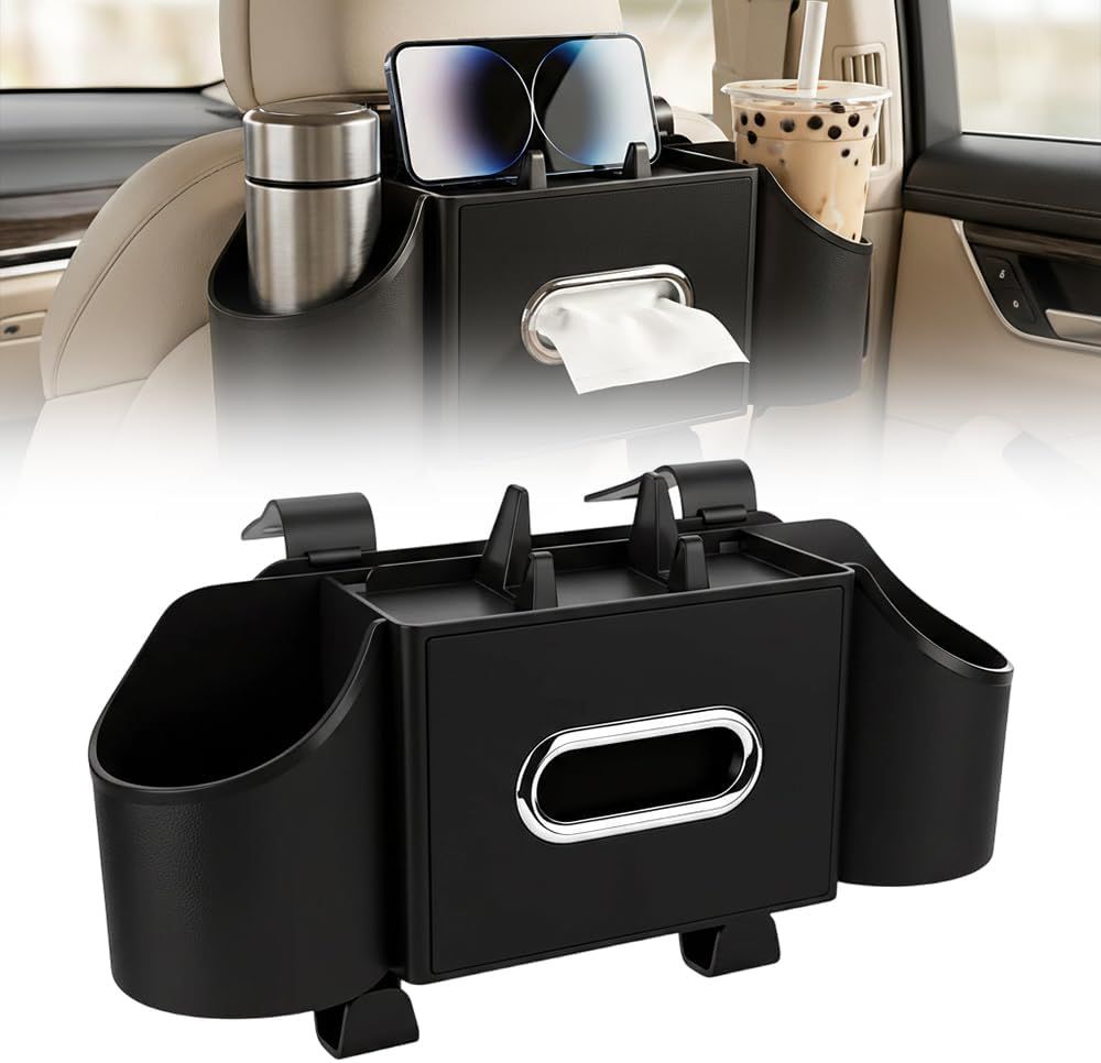 4-in-1 Car Backseat Organizer with Cup Holder, 2026 Upgraded Multifunctional Car Back Seat Organizer with Tissue Box, Trash Bin & Hooks for Hold Phones, Snacks, Drinks, and Handbags (Black) - Image 1
