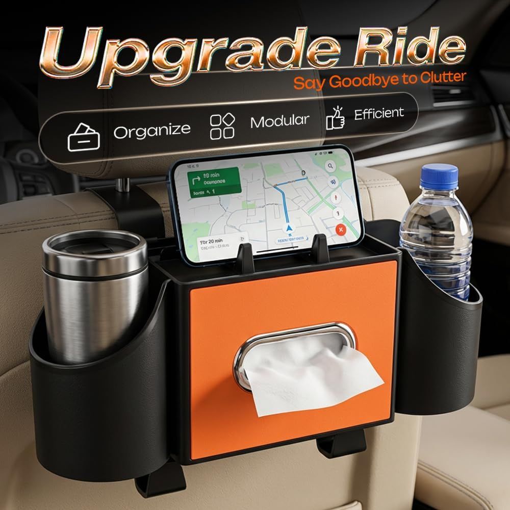 4-in-1 Car Backseat Organizer with Cup Holder, 2026 Upgraded Multifunctional Car Back Seat Organizer with Tissue Box, Trash Bin & Hooks for Hold Phones, Snacks, Drinks, and Handbags (Black) - Image 3