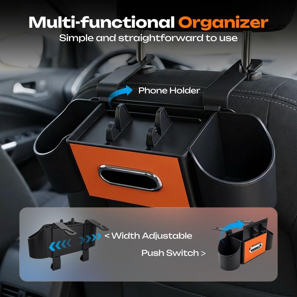 4-in-1 Car Backseat Organizer with Cup Holder, 2026 Upgraded Multifunctional Car Back Seat Organizer with Tissue Box, Trash Bin & Hooks for Hold Phones, Snacks, Drinks, and Handbags (Black) - Image 7