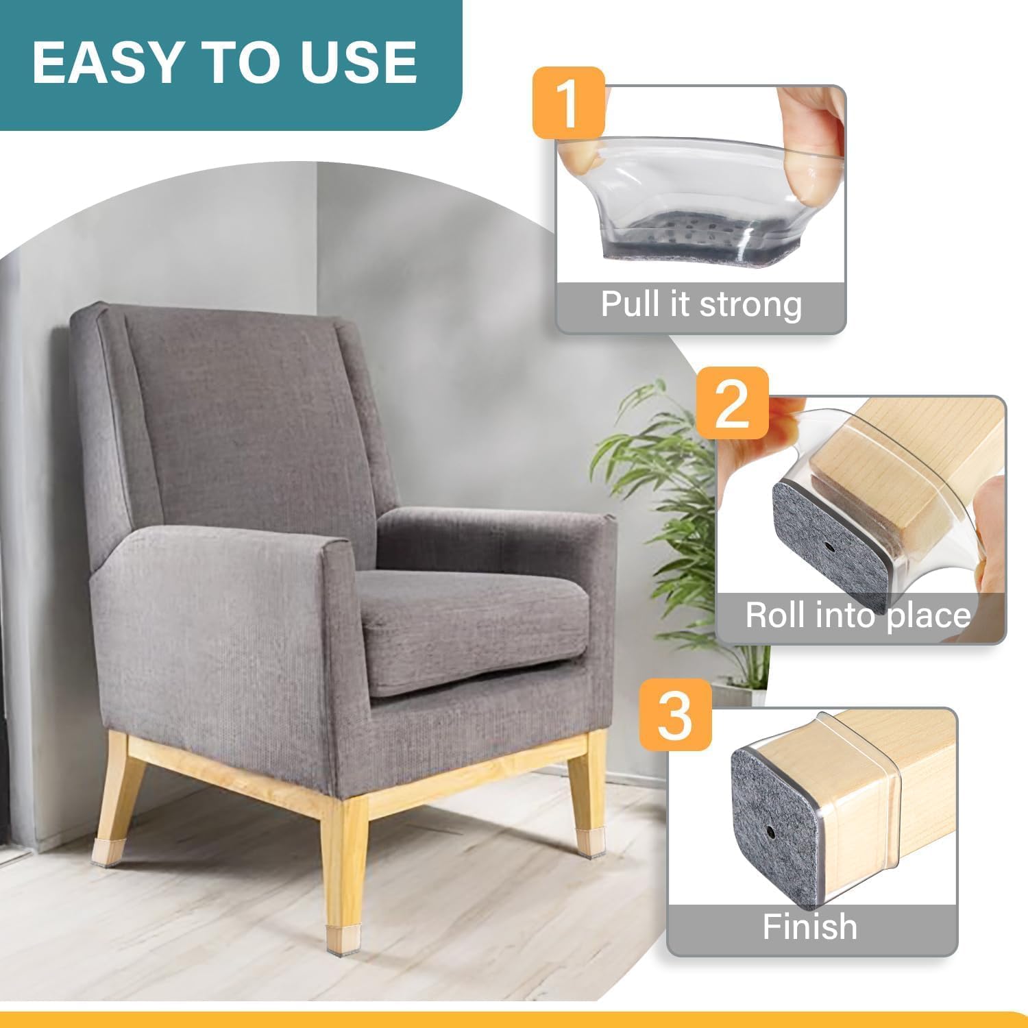 Ansible 24 Pcs Chair Leg Floor Protectors Square, Silicone Felt Furniture Leg Pads Caps Covers for Hardwood Floors (Fit:1-1/16