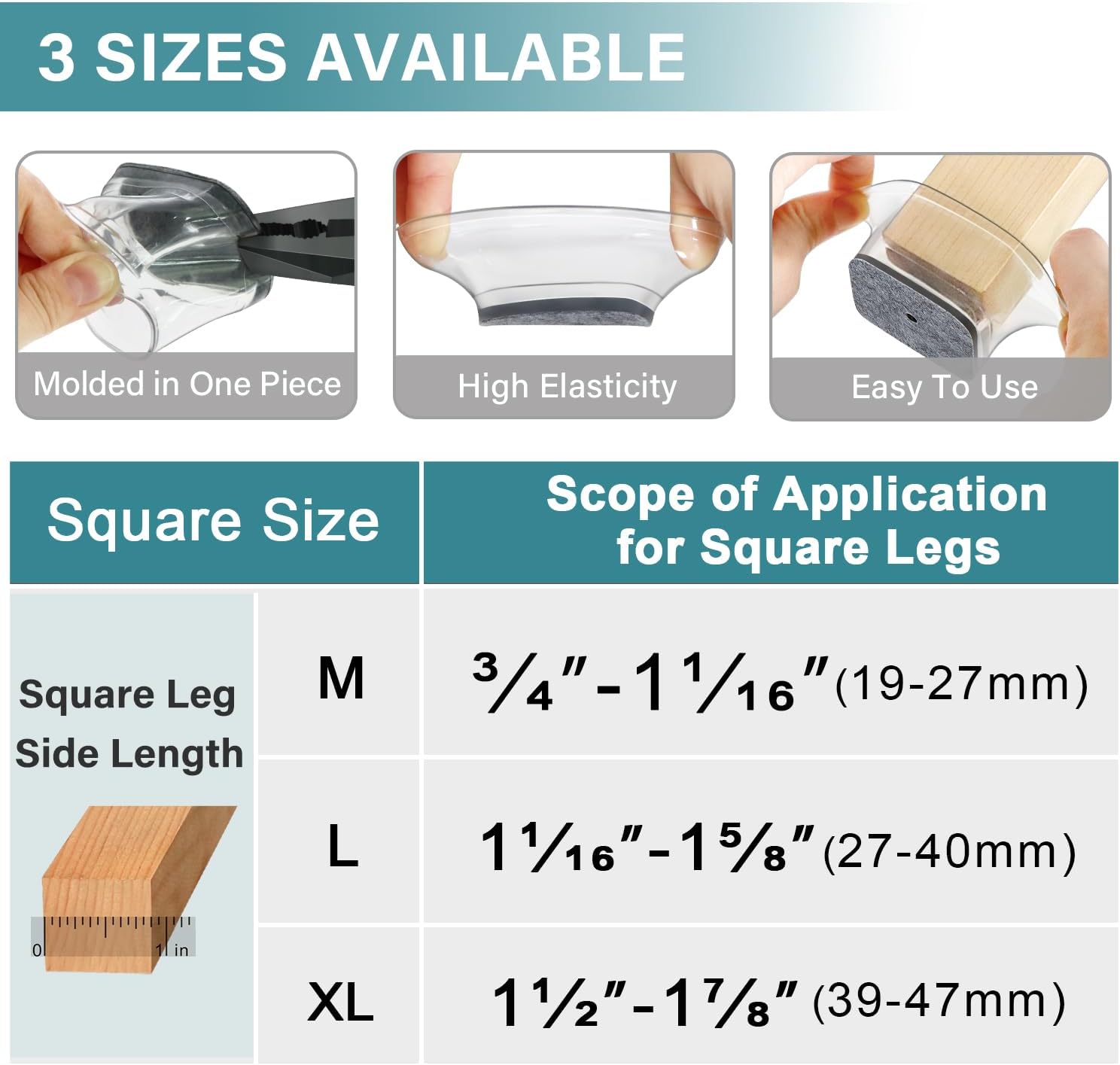 Ansible 24 Pcs Chair Leg Floor Protectors Square, Silicone Felt Furniture Leg Pads Caps Covers for Hardwood Floors (Fit:1-1/16