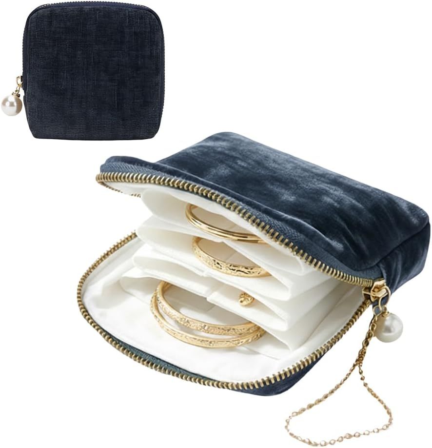 Travel Jewelry Case, Small Velvet Jewelry Pouch Bag with Zipper, Mini Portable Organizer for Earrings Rings Necklaces, Anti-Scratch Portable Storage Bag (Smog Blue) - Image 1