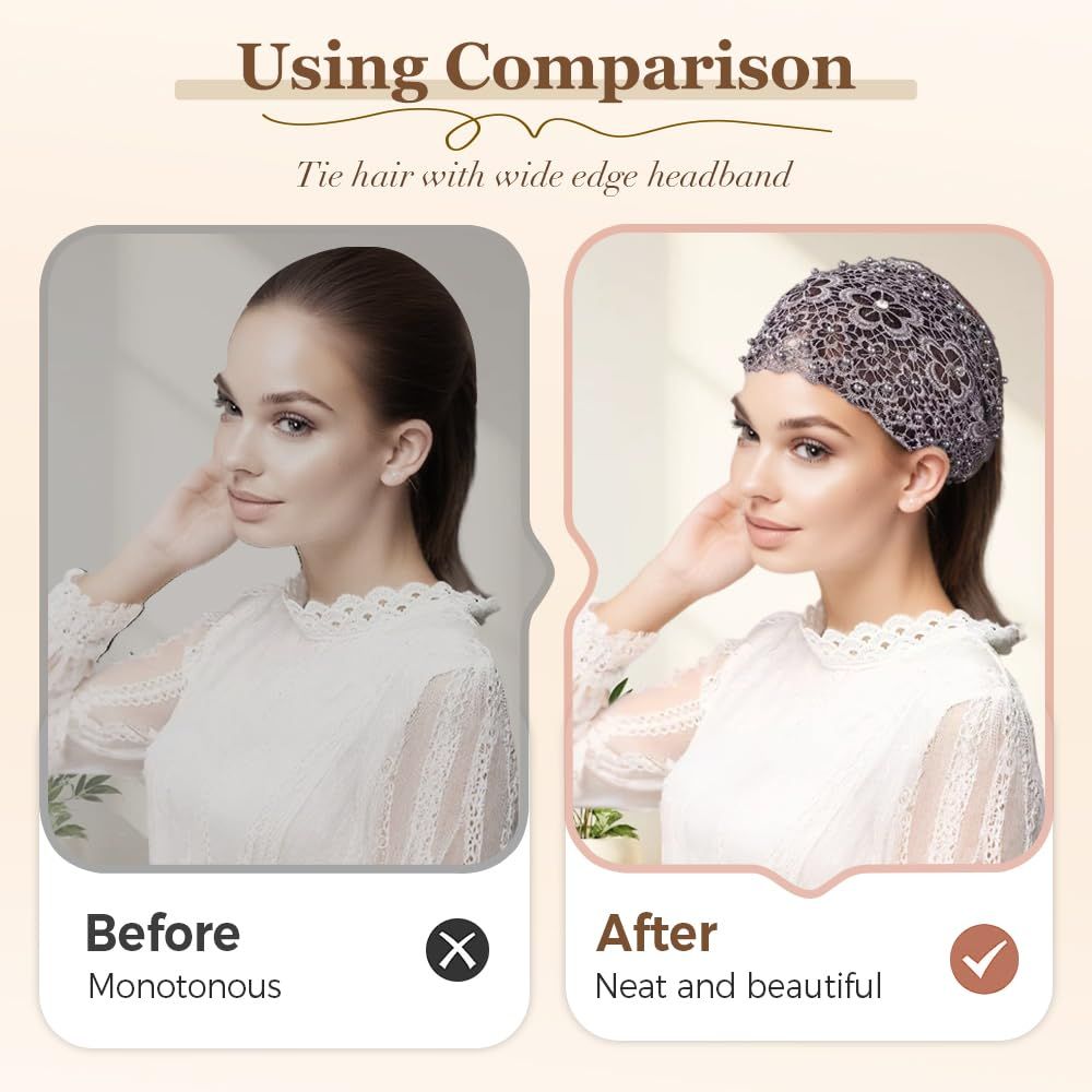 2025 New Elegant Floral Beaded Headbands for Women, Wide Lace Hair Bandanas, Boho Hair Accessories (5PCS, one size) - Image 3