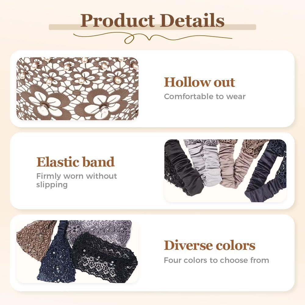 2025 New Elegant Floral Beaded Headbands for Women, Wide Lace Hair Bandanas, Boho Hair Accessories (5PCS, one size) - Image 4
