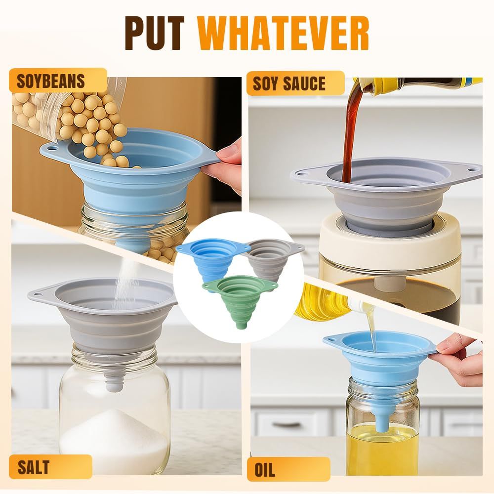 Kitchen Funnel Set 3 Pack, Collapsible Silicone Funnels for Filling Water Bottles & Small Bottles | Food-Grade, Easy Clean & Space-Saving (Mix Colors) - Image 7