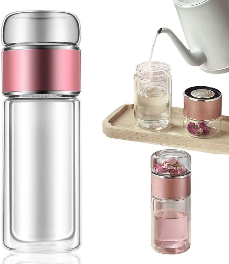 Double Walled Glass Tea Tumbler with Infuser, 17 Oz/500ml Portable Tea Infuser Bottle with Stainless Steel Filter (rose gold, 500, Milliliters) - Image 1