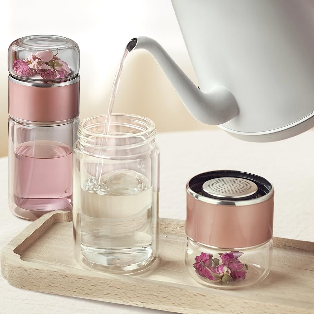 Double Walled Glass Tea Tumbler with Infuser, 17 Oz/500ml Portable Tea Infuser Bottle with Stainless Steel Filter (rose gold, 500, Milliliters) - Image 2