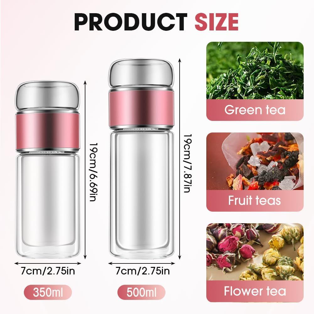 Double Walled Glass Tea Tumbler with Infuser, 17 Oz/500ml Portable Tea Infuser Bottle with Stainless Steel Filter (rose gold, 500, Milliliters) - Image 3