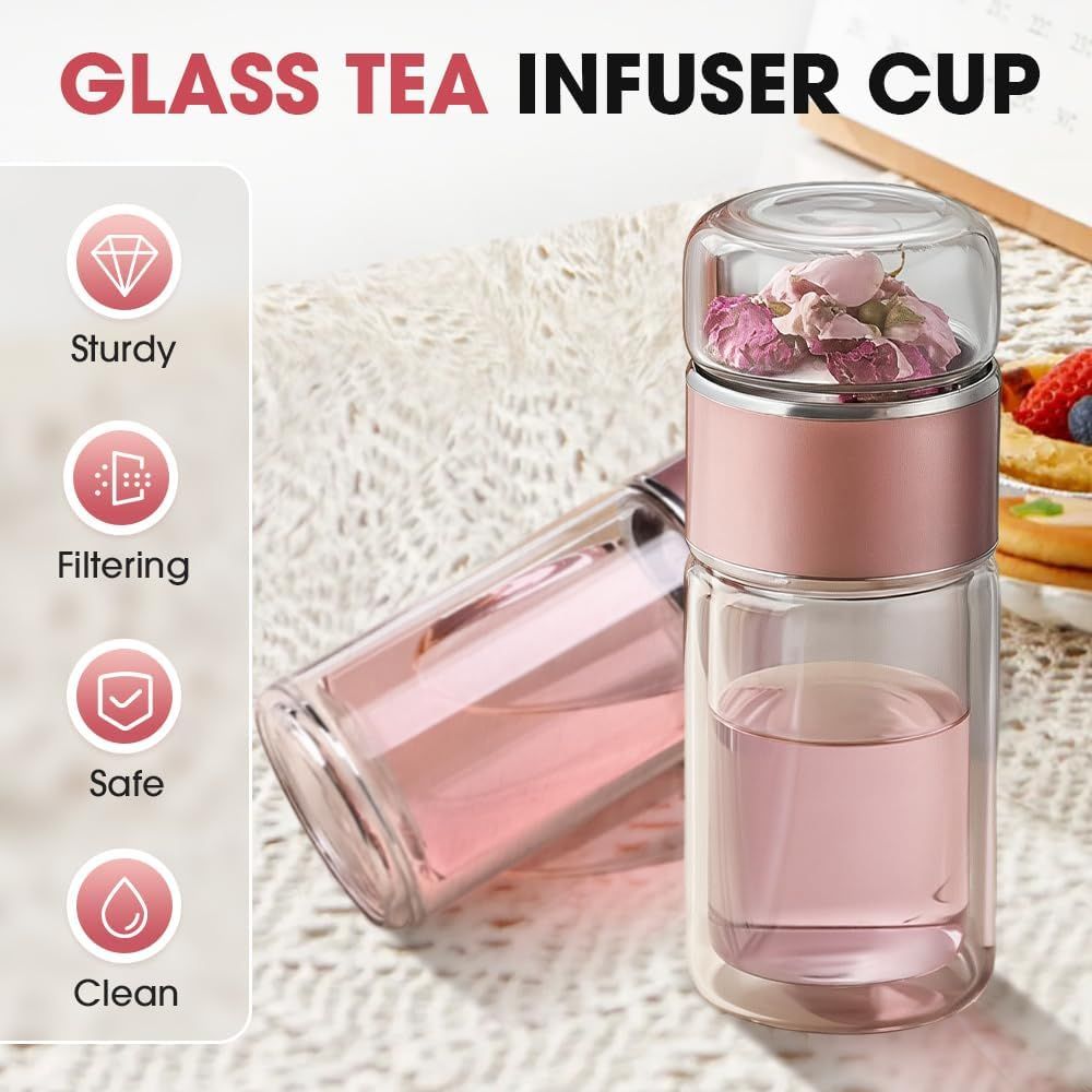 Double Walled Glass Tea Tumbler with Infuser, 17 Oz/500ml Portable Tea Infuser Bottle with Stainless Steel Filter (rose gold, 500, Milliliters) - Image 4