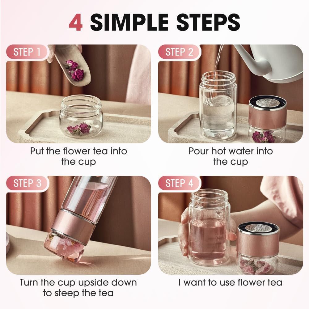 Double Walled Glass Tea Tumbler with Infuser, 17 Oz/500ml Portable Tea Infuser Bottle with Stainless Steel Filter (rose gold, 500, Milliliters) - Image 6