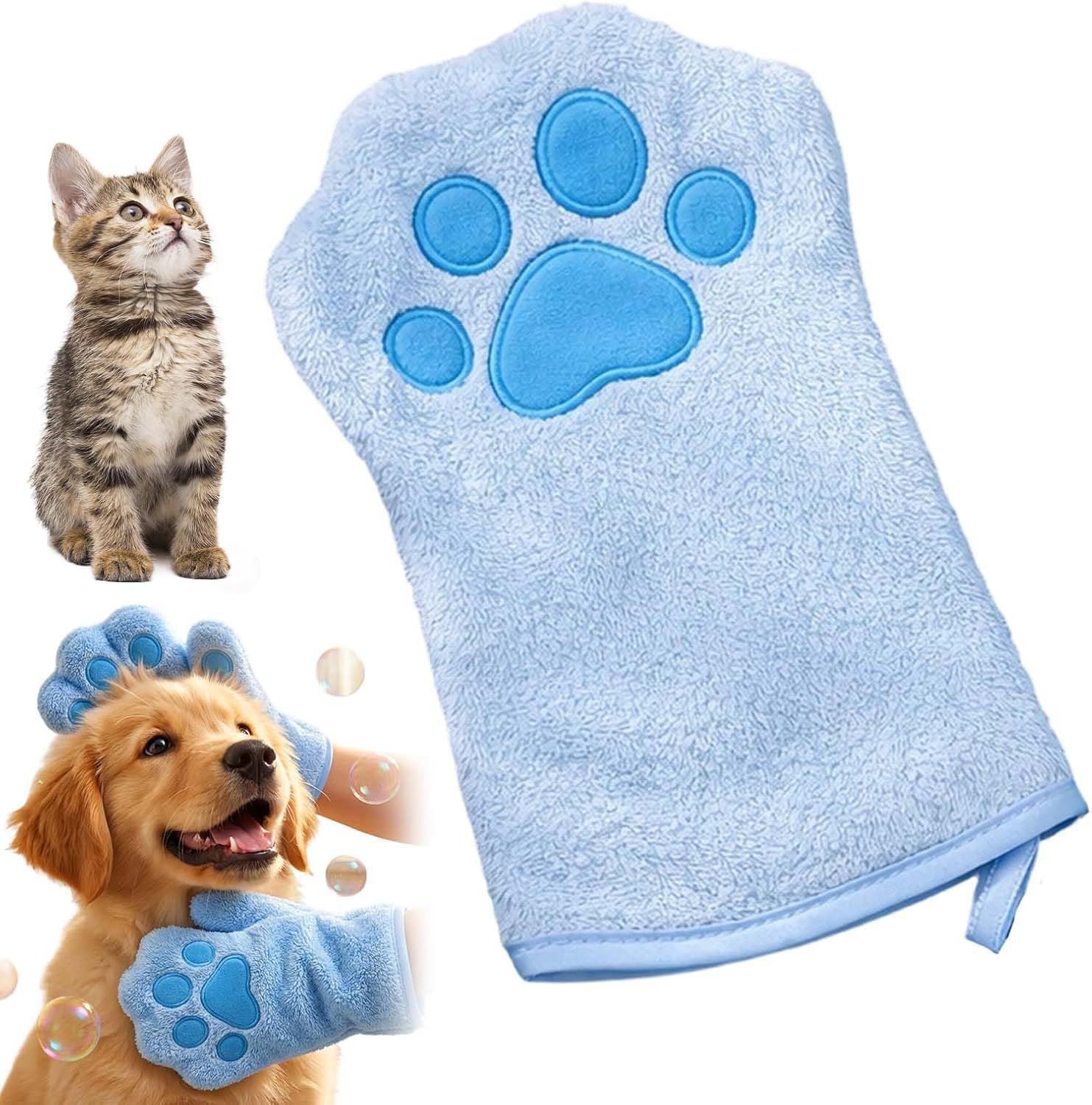 Paw Bathing Towel for Cats Puppy, Machine-Washable Reusable Pet Grooming Towel - Soft, Absorbent Quick-Dry Bath Mitt for Dirt Odor Removal, Daily Care & Travel (Blue) - Image 1